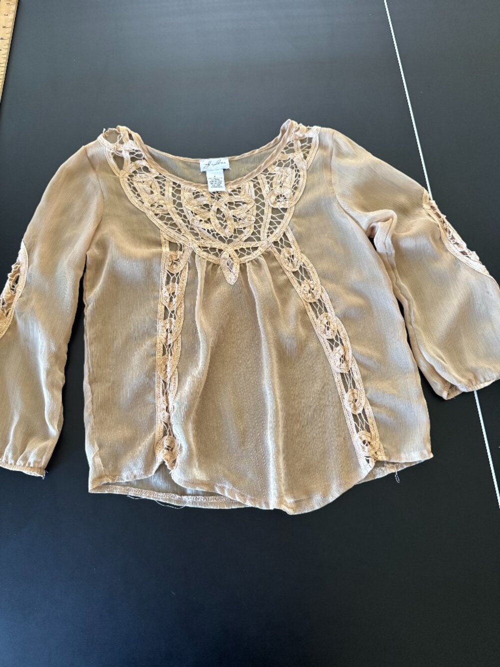J. Gee Size S Beige Crochet Lace Sheer Boho Blouse